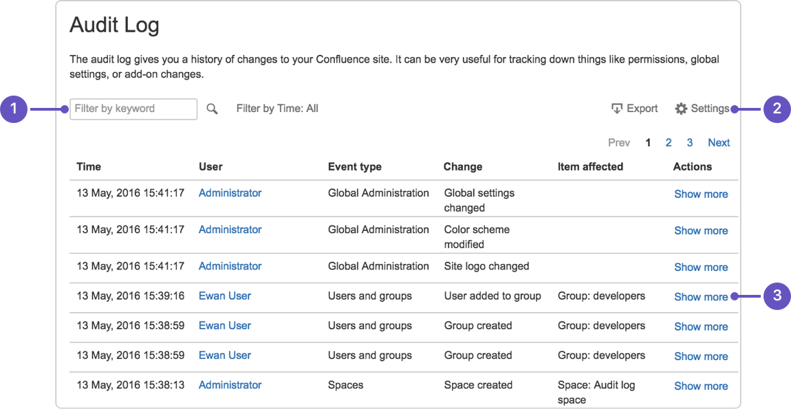  A screenshot of an audit log search page with a search bar, a list of audit logs, and a navigation bar with options to export and change settings.