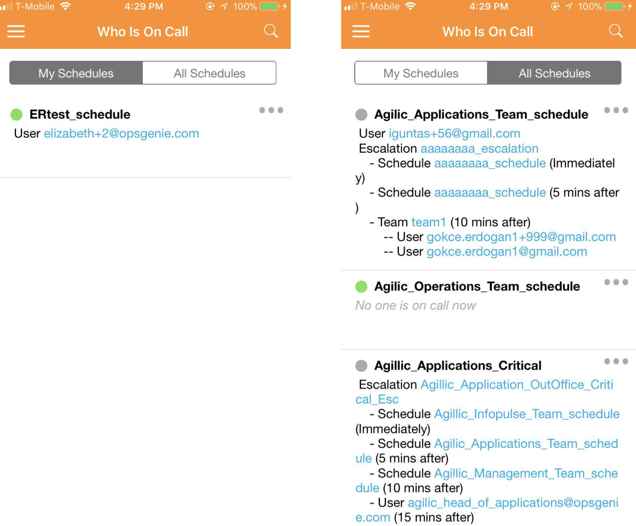 A screenshot of schedules in Opsgenie's Blackberry Dynamics app.