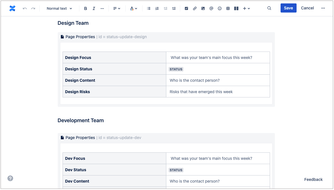 The page properties macro for creating a template.