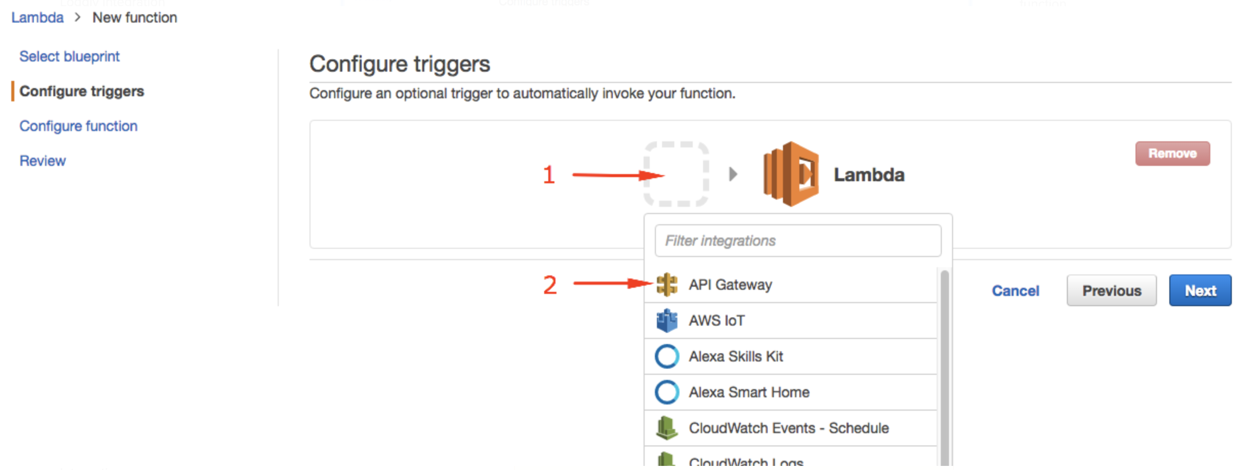 An image showing API gateway option in Lambda's configure triggers options.