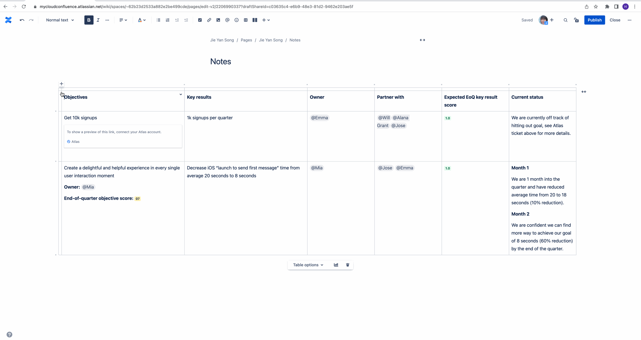 Select an entire table by placing focus on the top left