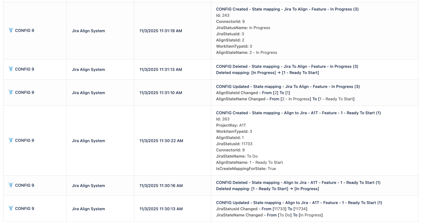 image of Jira Align audit log