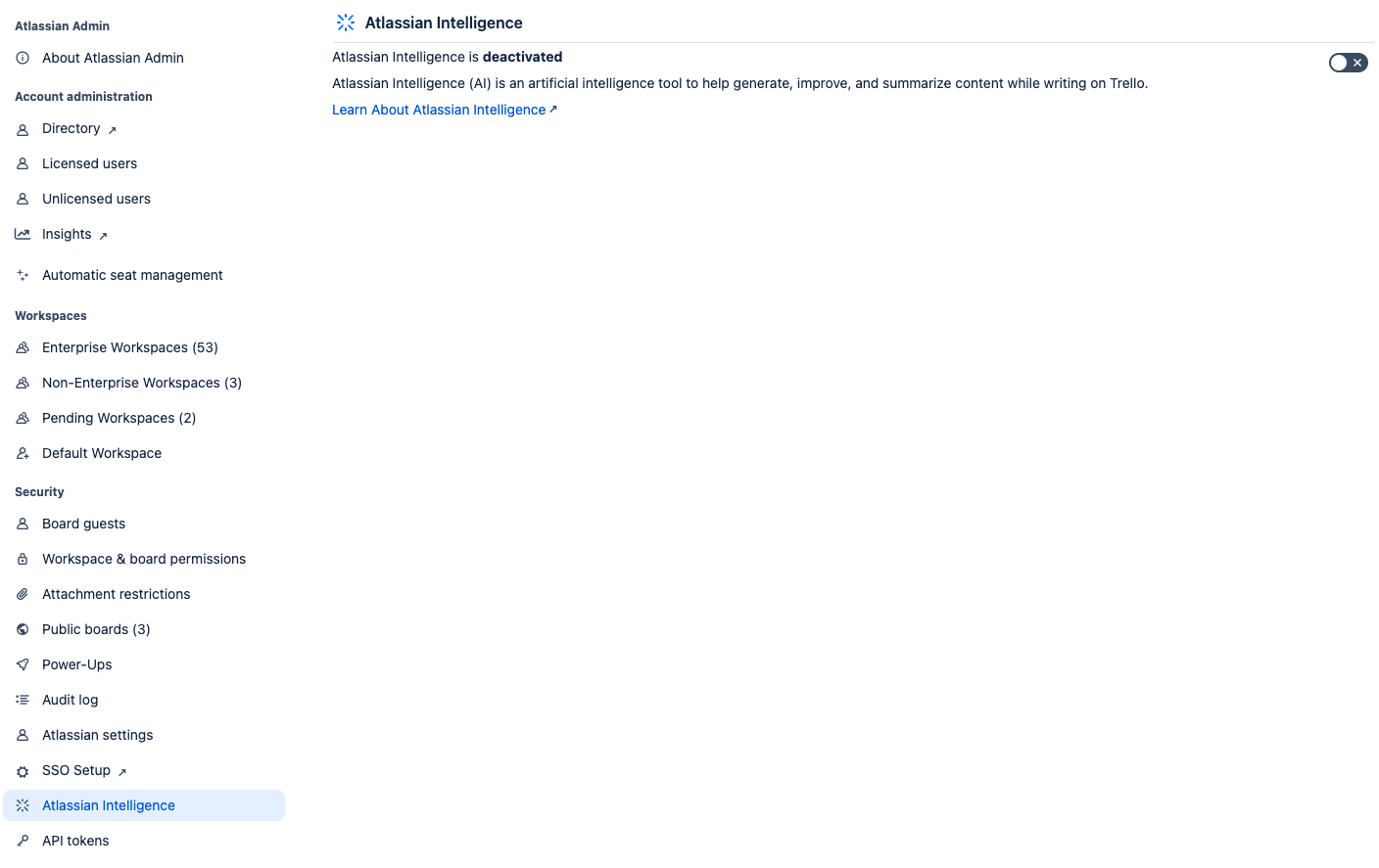 Screenshot of the Atlassian Intelligence section of the Trello Enterprise Admin Dashboard