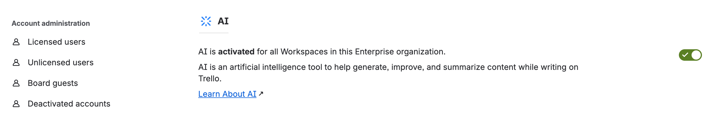 Trello Enterprise 管理者向けダッシュボードの [Atlassian Intelligence] セクションのスクリーンショット