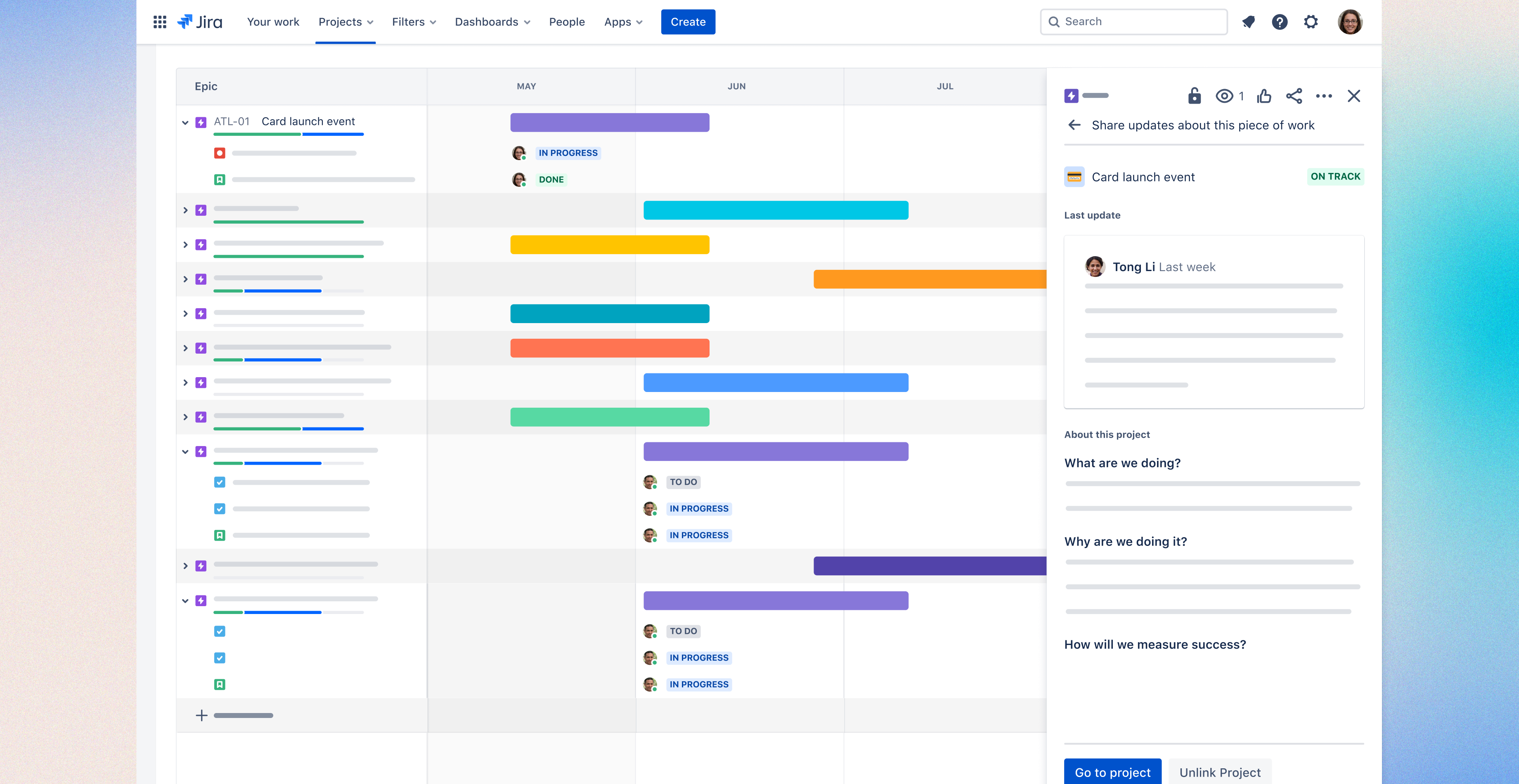 Jira issue view showing a linked project overview panel