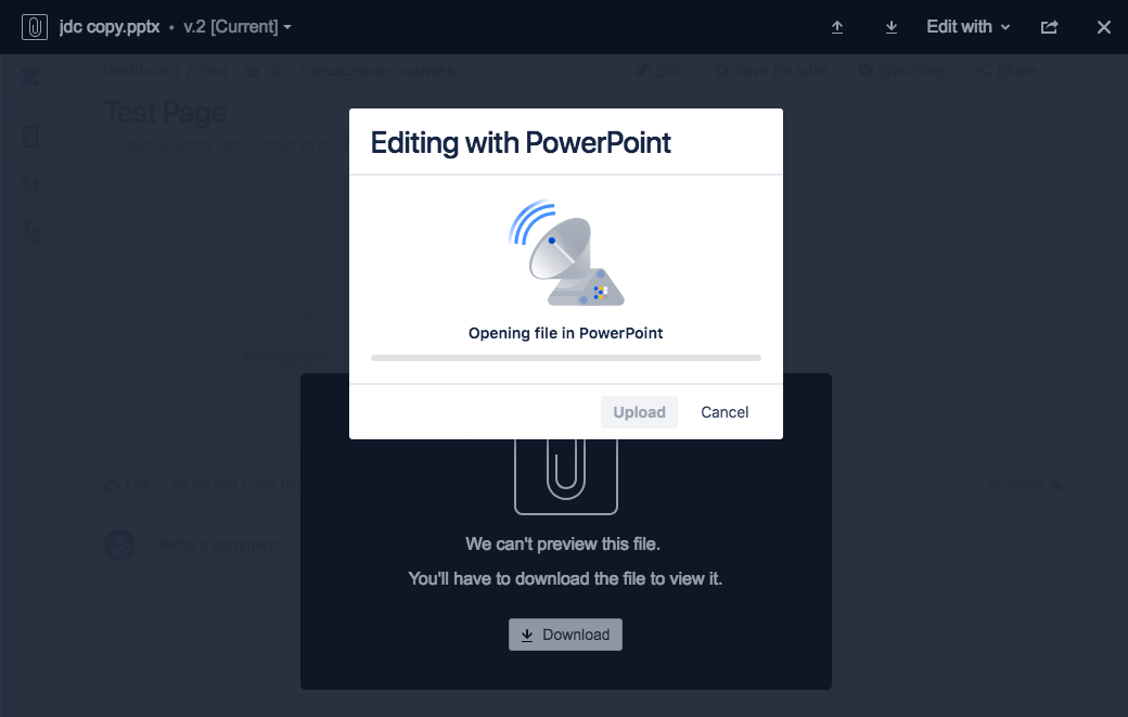 Screenshot of an attachment in Confluence with a modal showing that attachment is being opened in PowerPoint