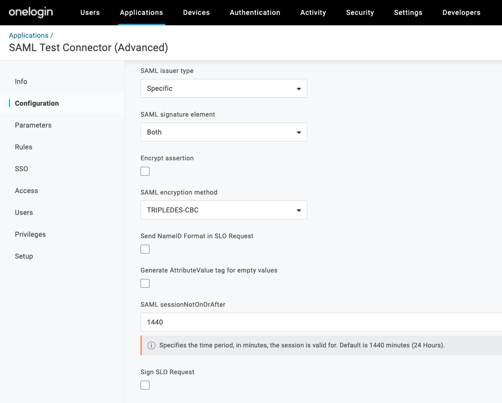 Screenshot from OneLogin showing the SAML configuration settings including 'SAML issuer type', 'SAML signature element', 'SAML encryption method' and 'Encrypt assertion'