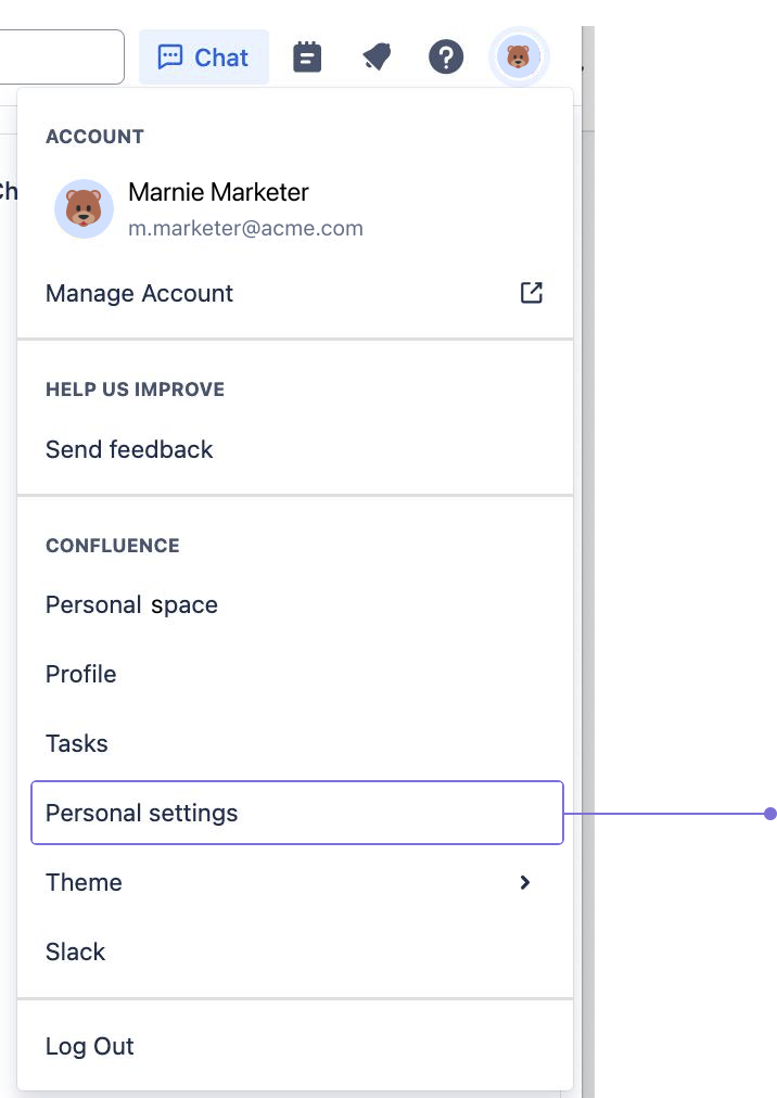 Right panel of Confluence with the "Personal settings" option highlighted