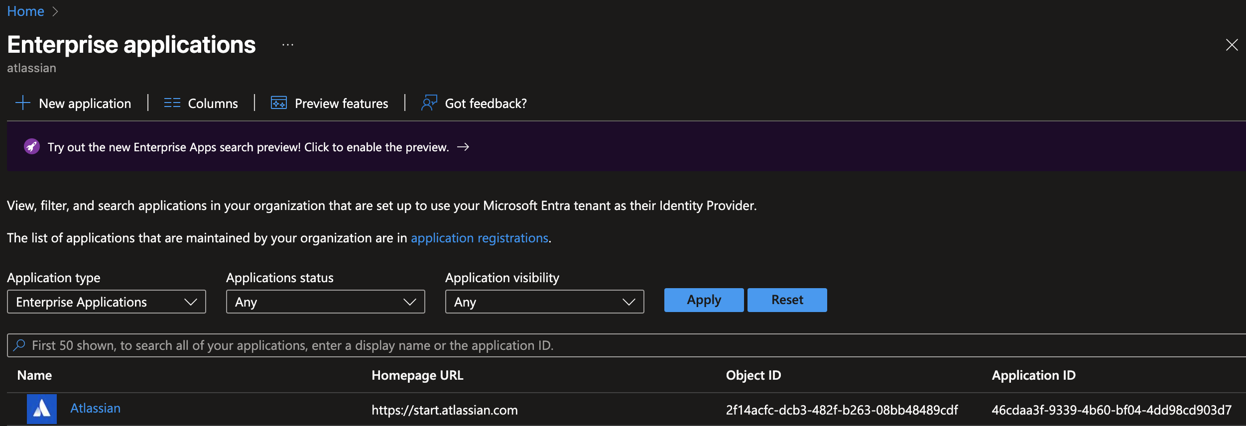 Enterprise applications page listing apps, with Atlassian as the first application in the list.