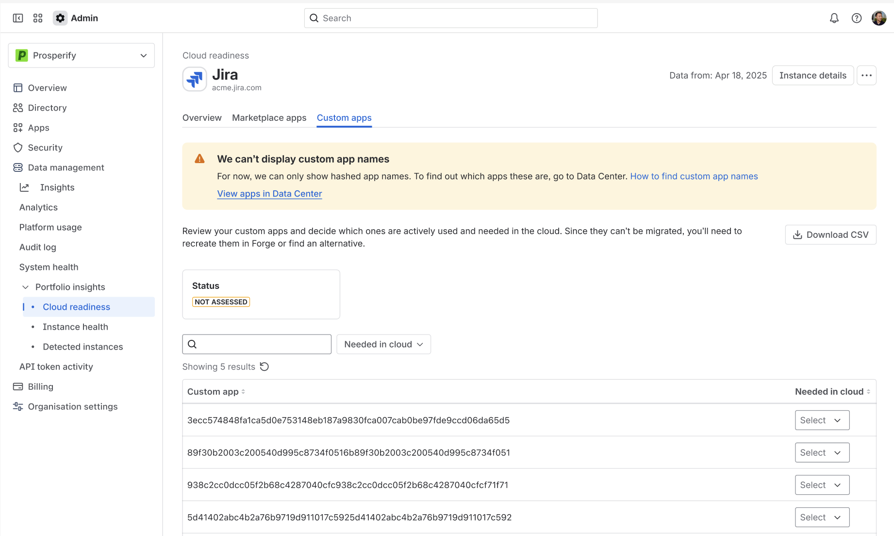 Sample hashed names of custom apps in Portfolio insights