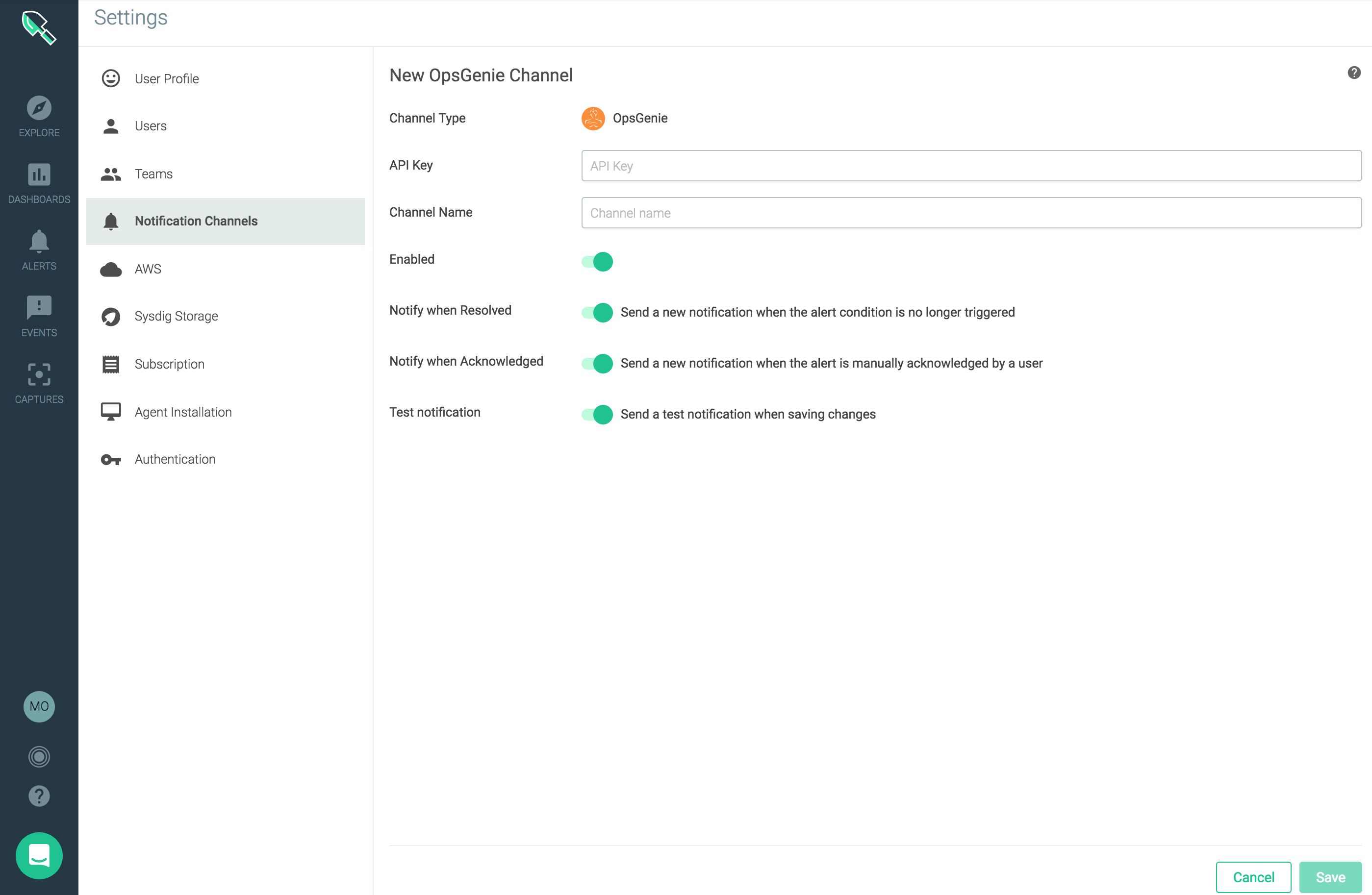 Sysdig Cloud new Opsgenie channel