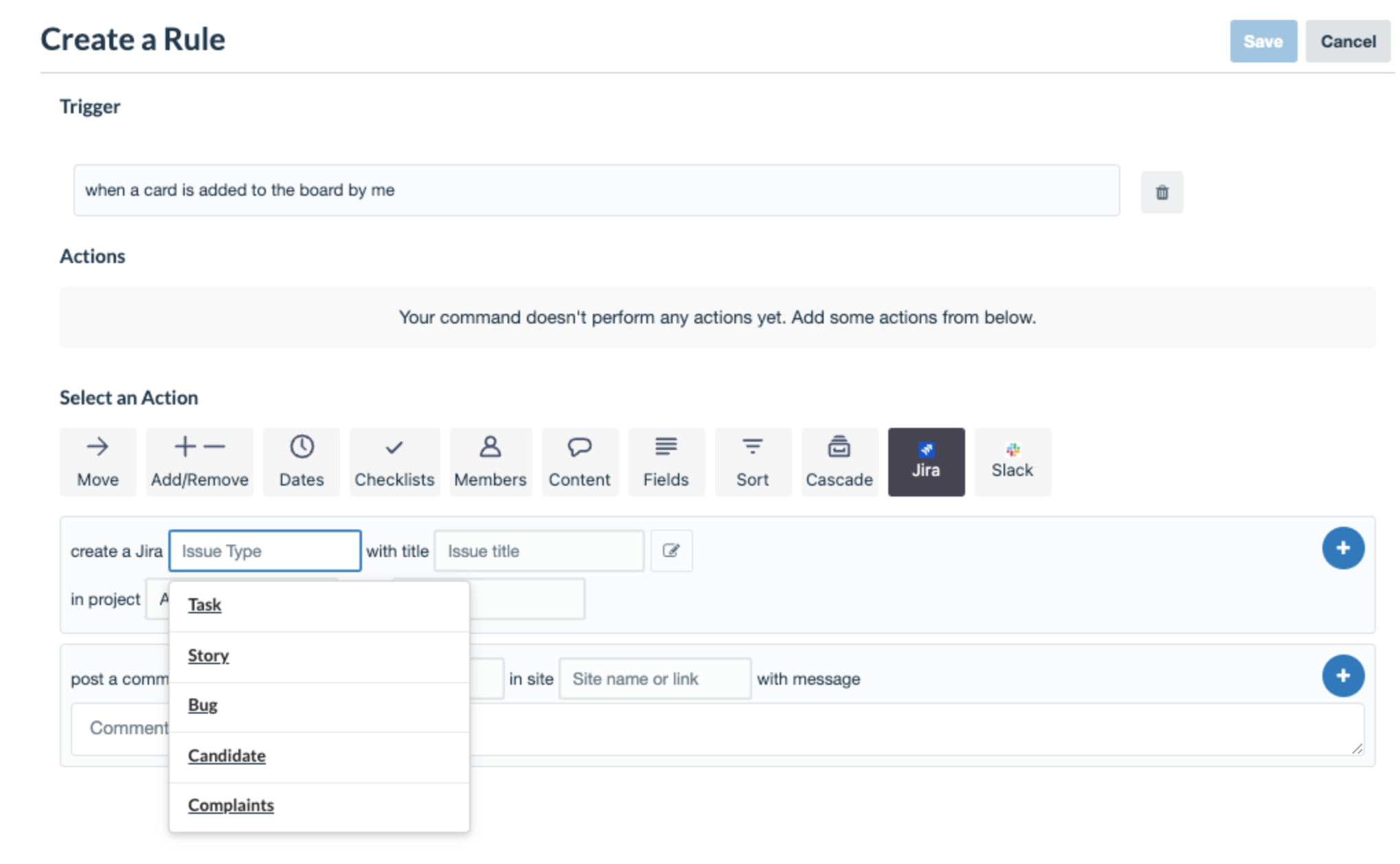 Select issue type in Action to create jira issue from Trello Automation rule
