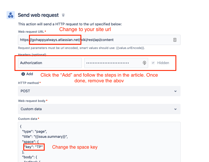 Screenshot of a Send web request configuration panel. It shows fields for Web request URL (pre-filled with an example URL and a note to change it), Authorization (hidden with asterisks and a note to click Add and follow steps in an article), HTTP met