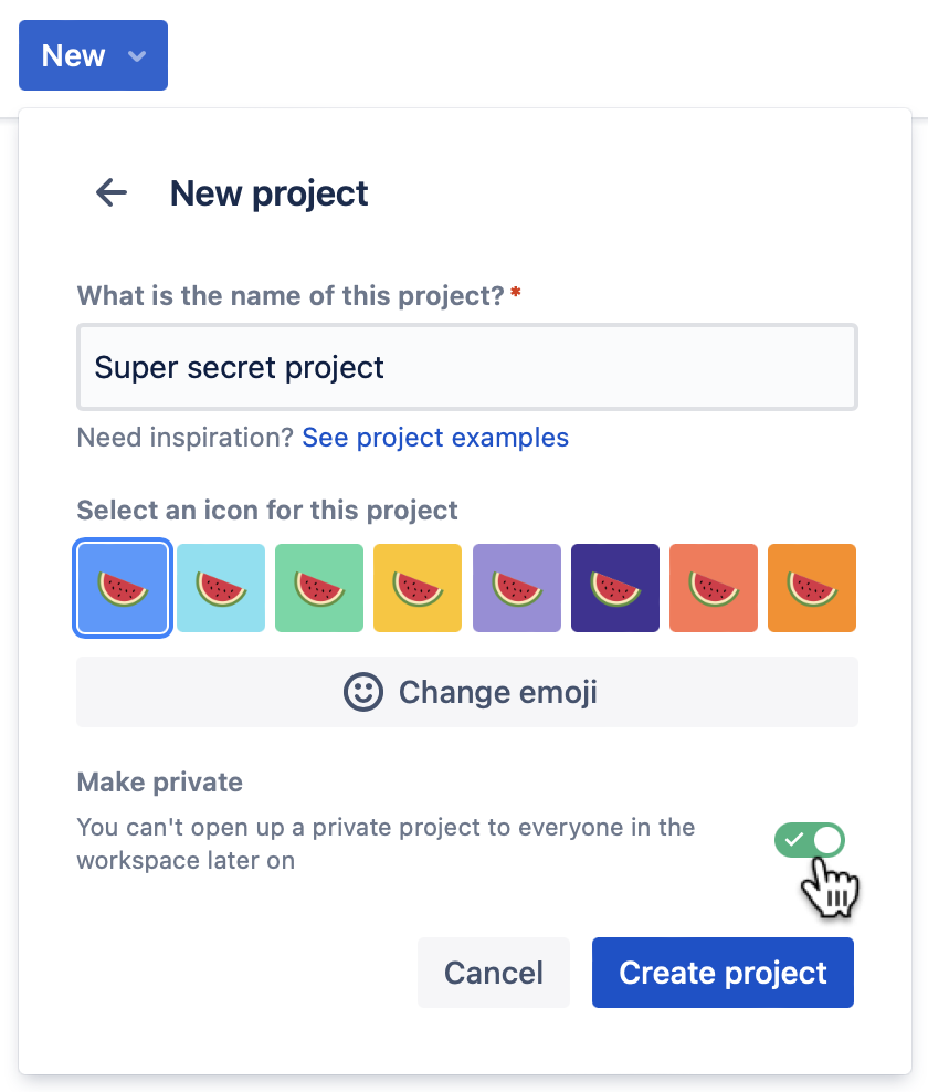 Modal shown when creating an Atlassian Project