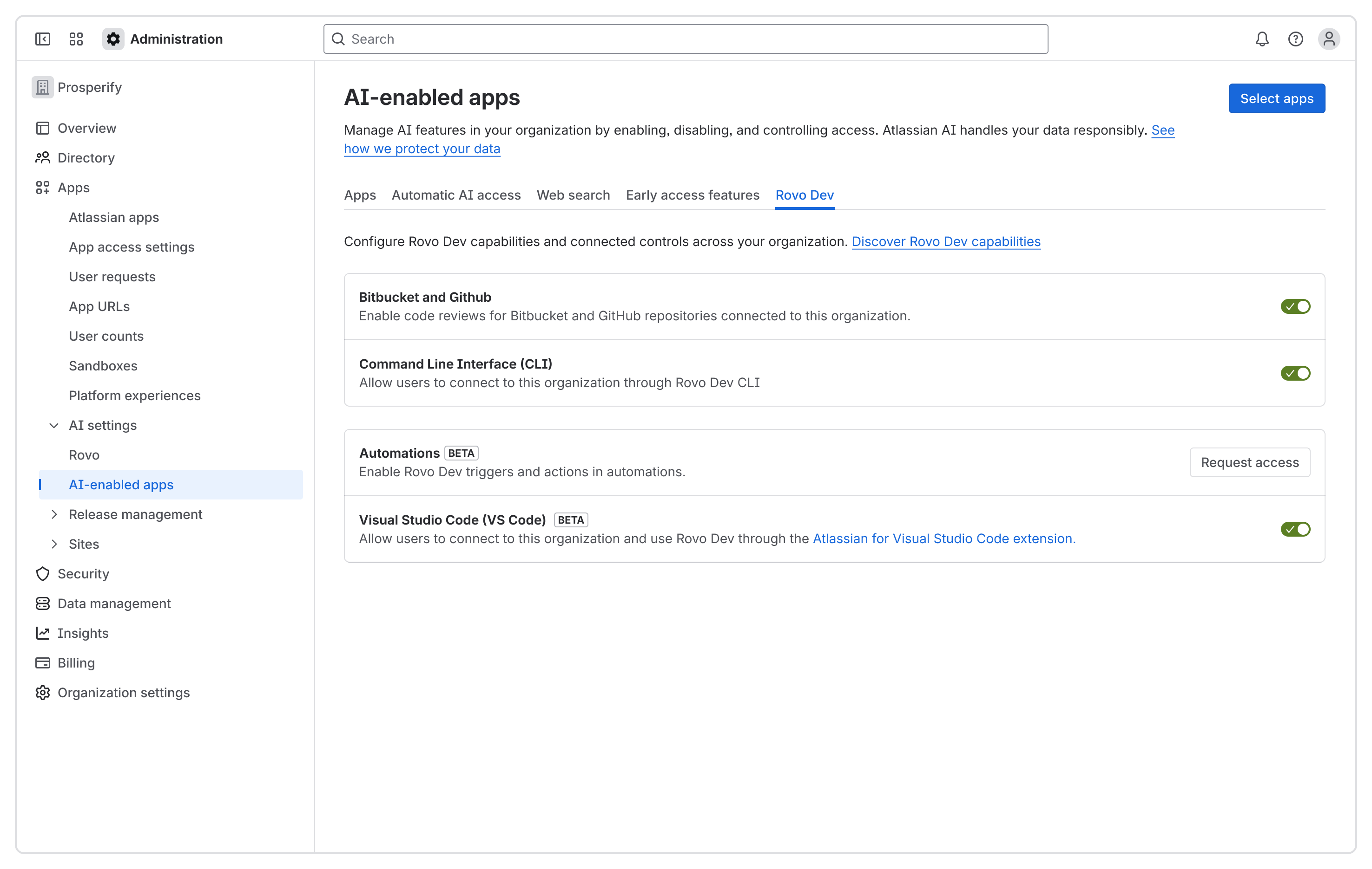 Toggle Rovo Dev features for your organization in Atlassian Administration