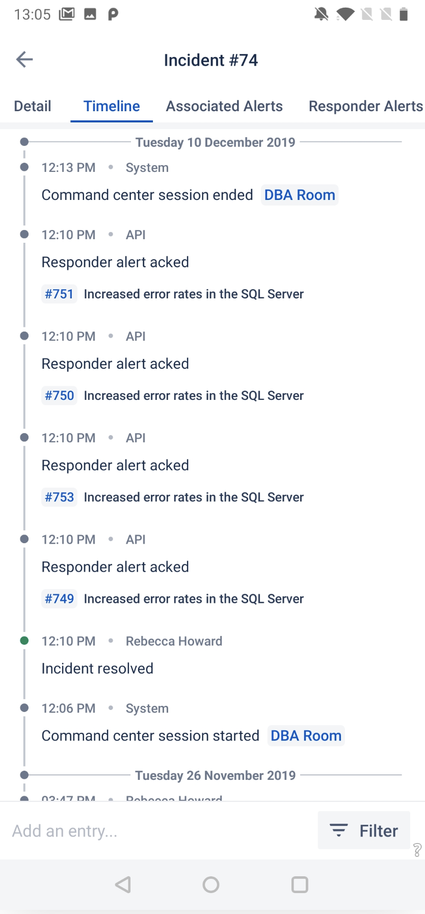 A screenshot of incident timeline in Opsgenie's Android app.