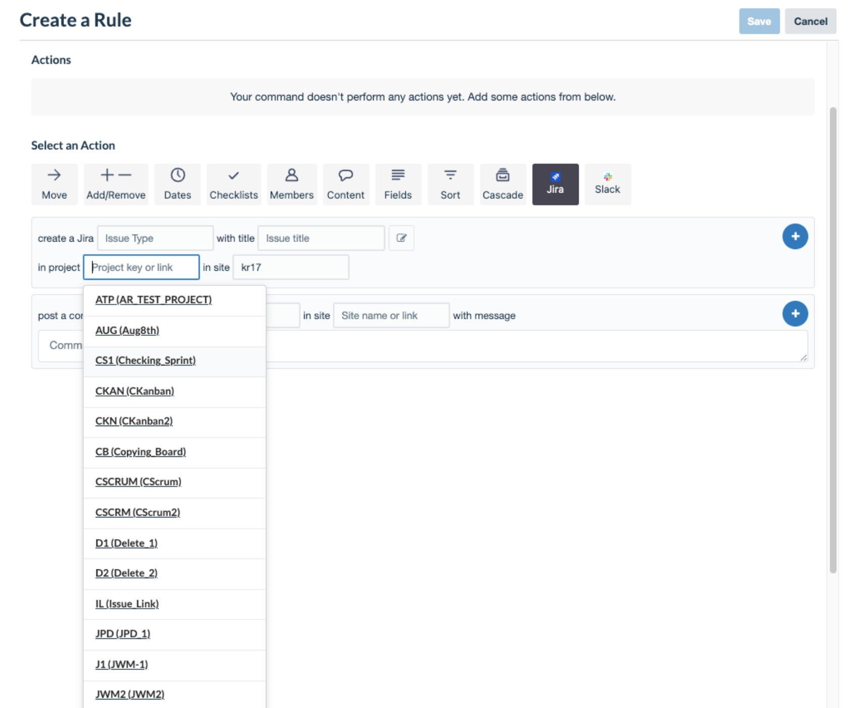 Automation Rule creation in trello to create an issue in JIRA project