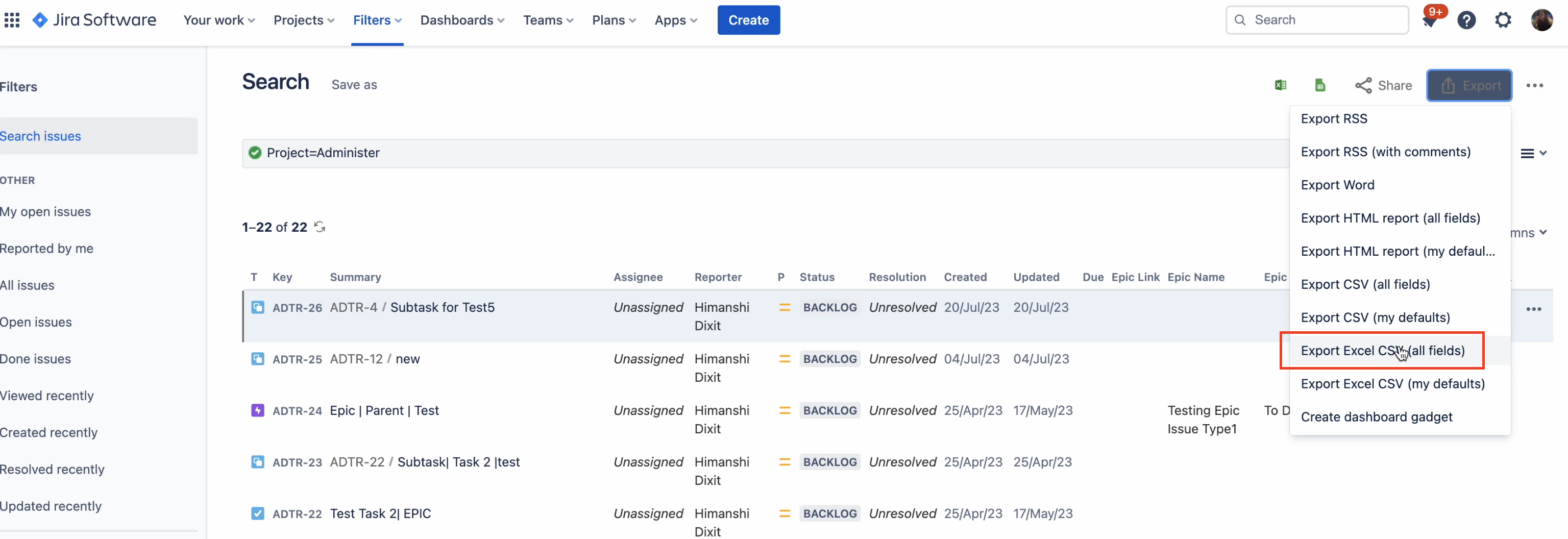 Export in CSV format with all the fields 