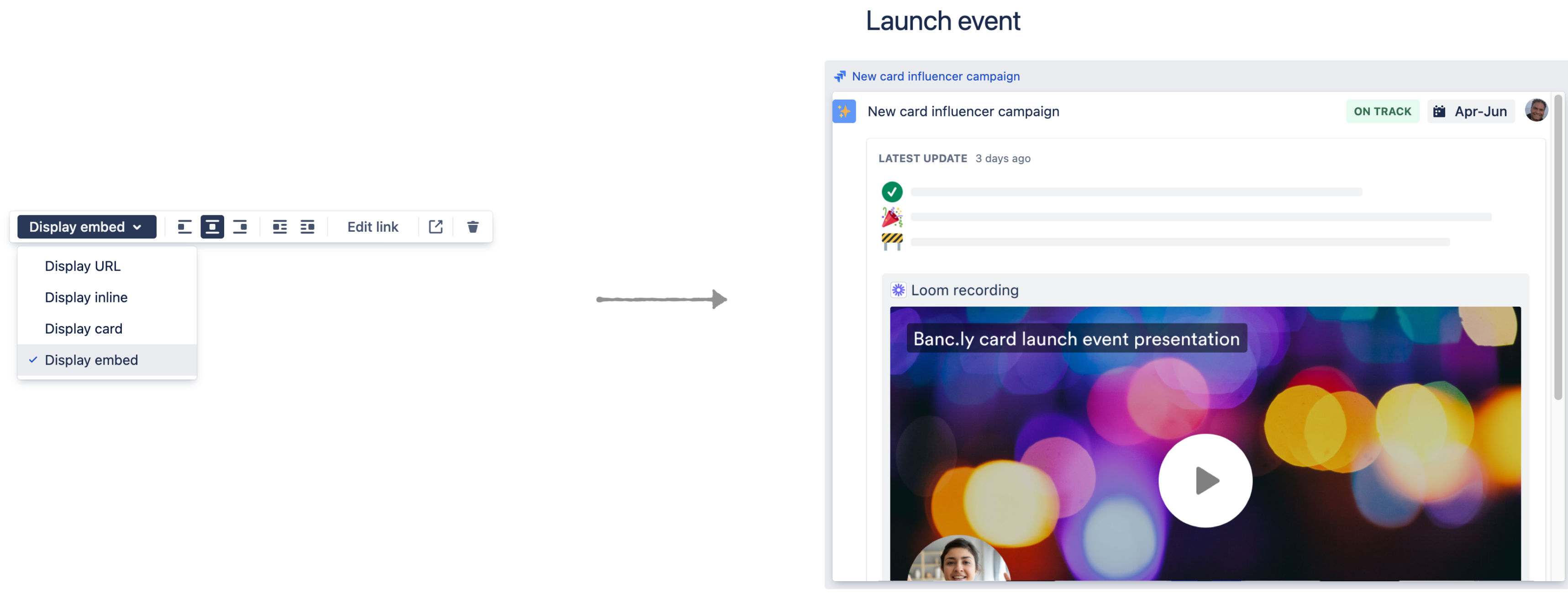 alt="Confluence に埋め込まれた Atlassian プロジェクトとゴールの表示。"