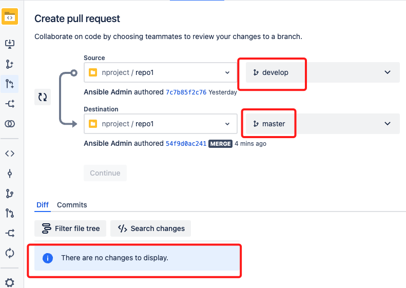 image of create pull request screen with Diff tab showing no changes