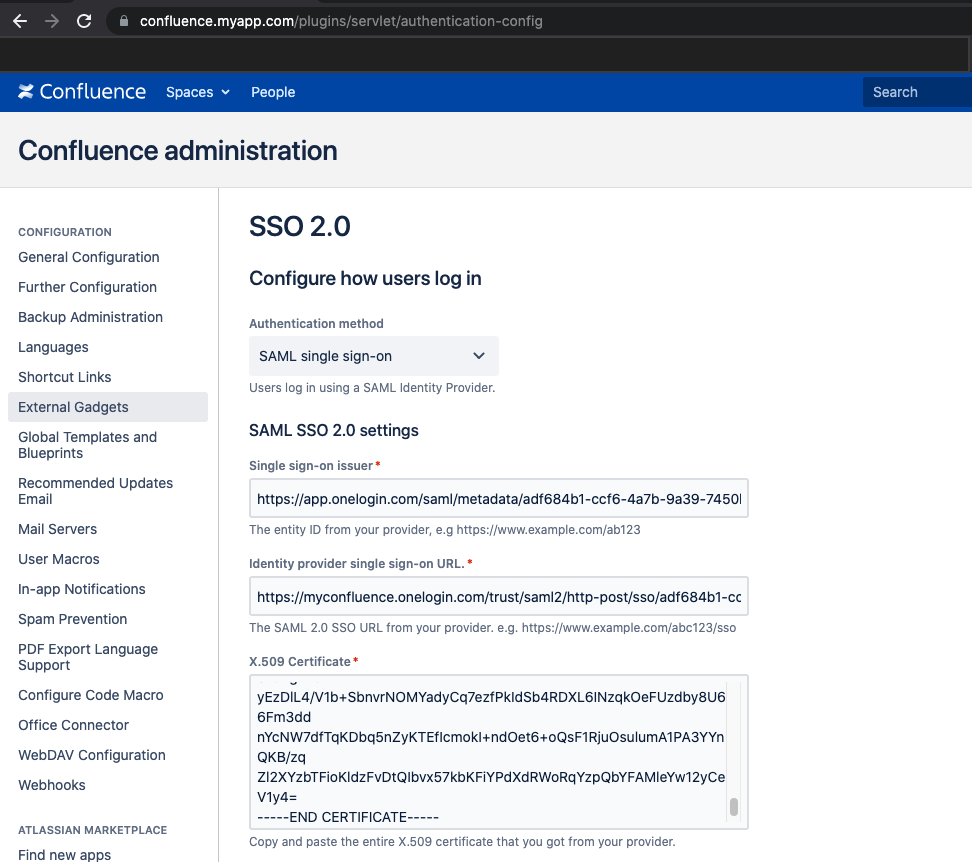 Screenshot of the Confluence SAML configuration settings. The SAML configuration values have been populated with details from OneLogin