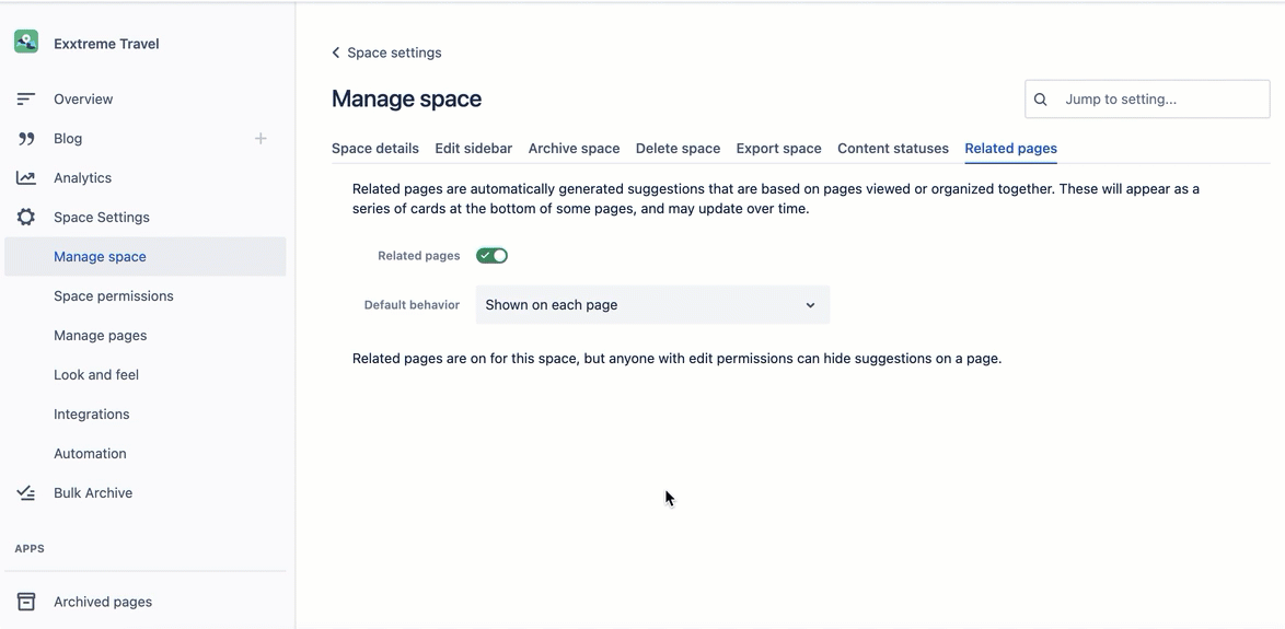Space admins control whether related pages are on to begin with, as well as the default behavior.