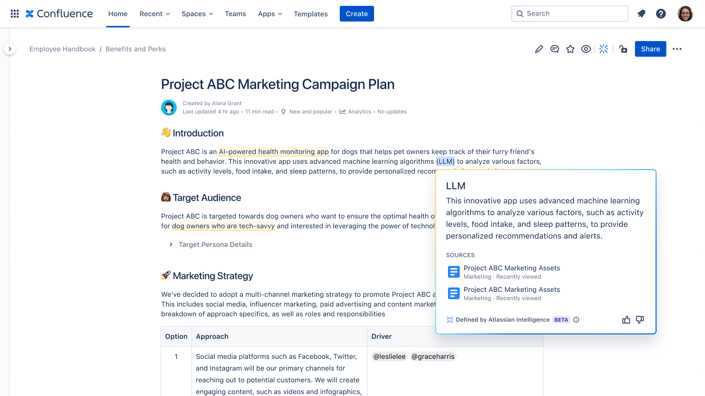 Using Atlassian Intelligence to define an abbreviation