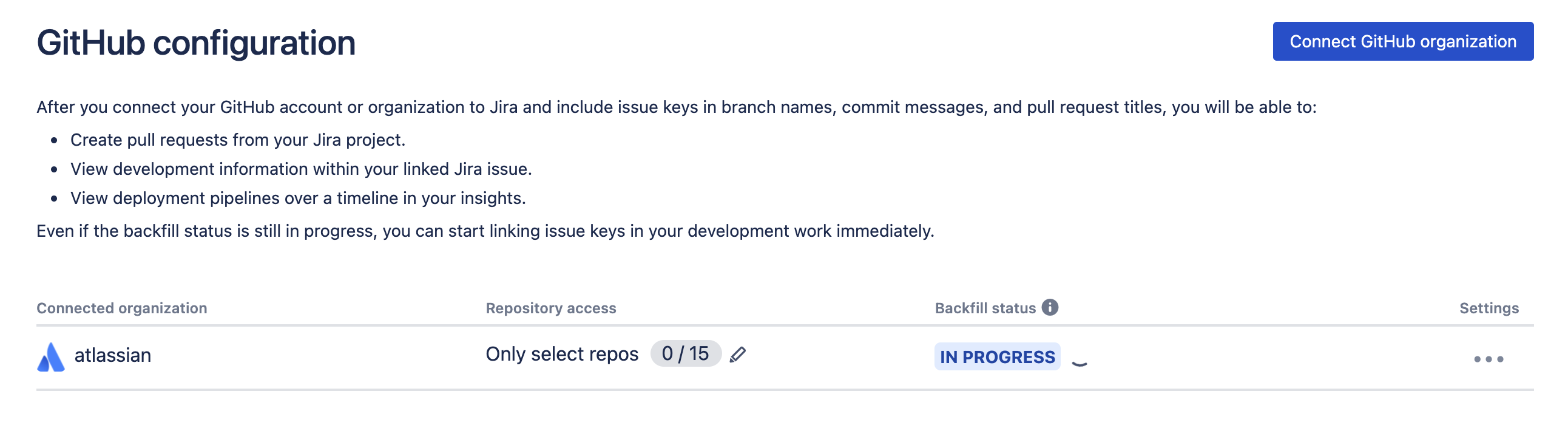 GitHub configuration page in Jira, showing a connected organization