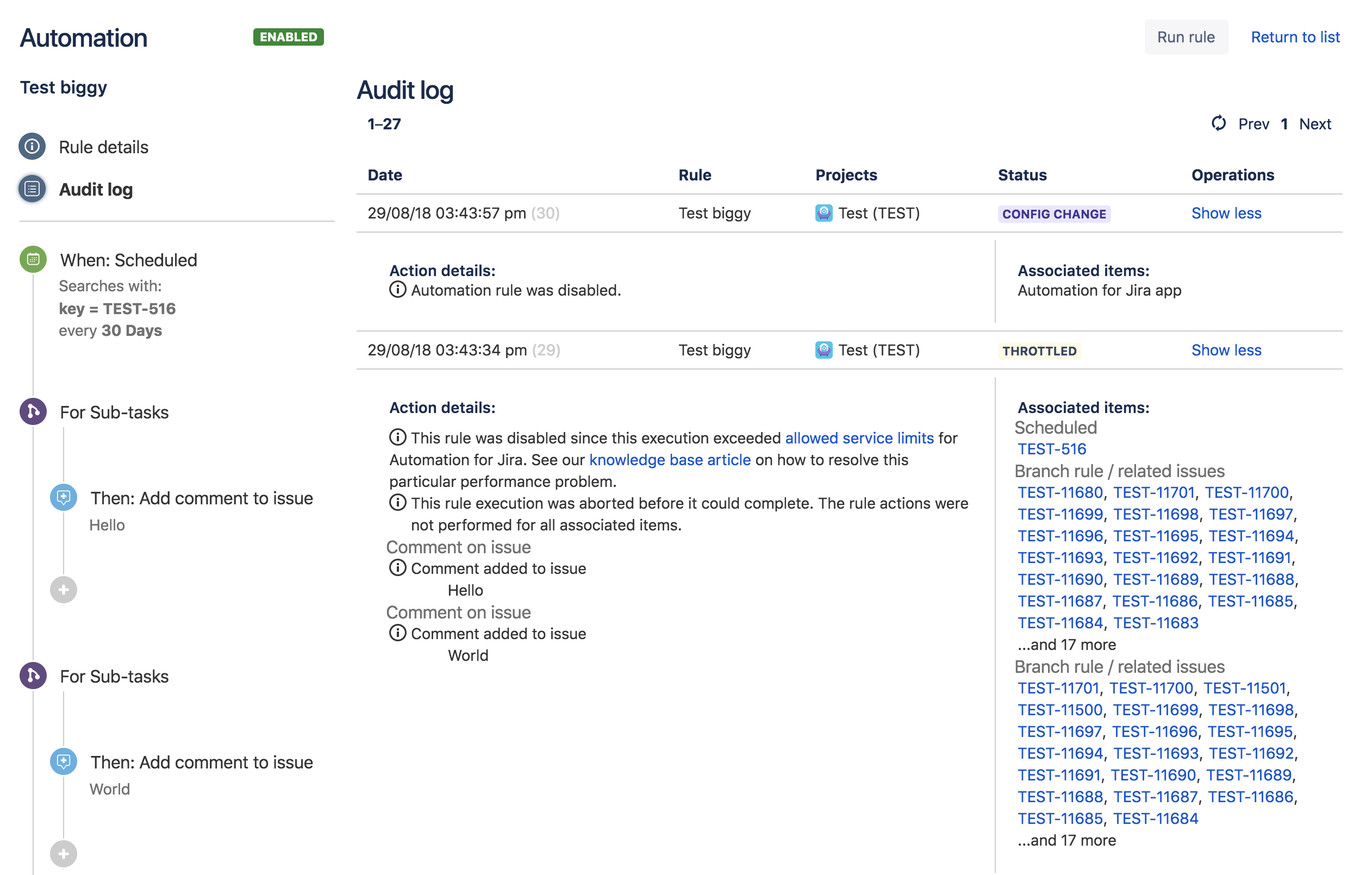 Jira Automation の [監査ログ] 画面。ルールが制限に違反したことが示されて、その違反に関する詳細が提供されています。