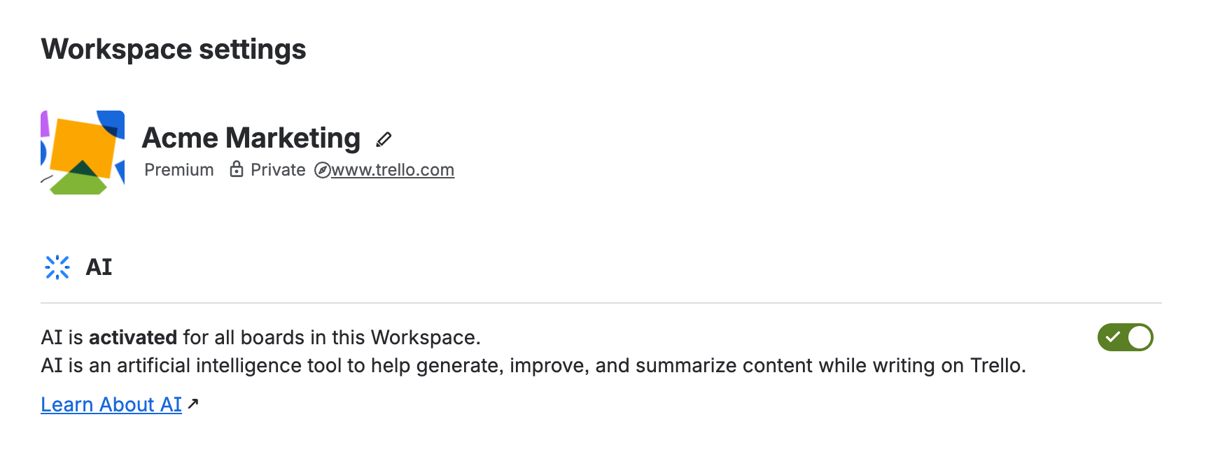 Trello Premium ワークスペースの AI 設定のスクリーンショット