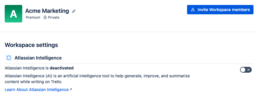 Screenshot of the AI setting for Trello Premium Workspaces