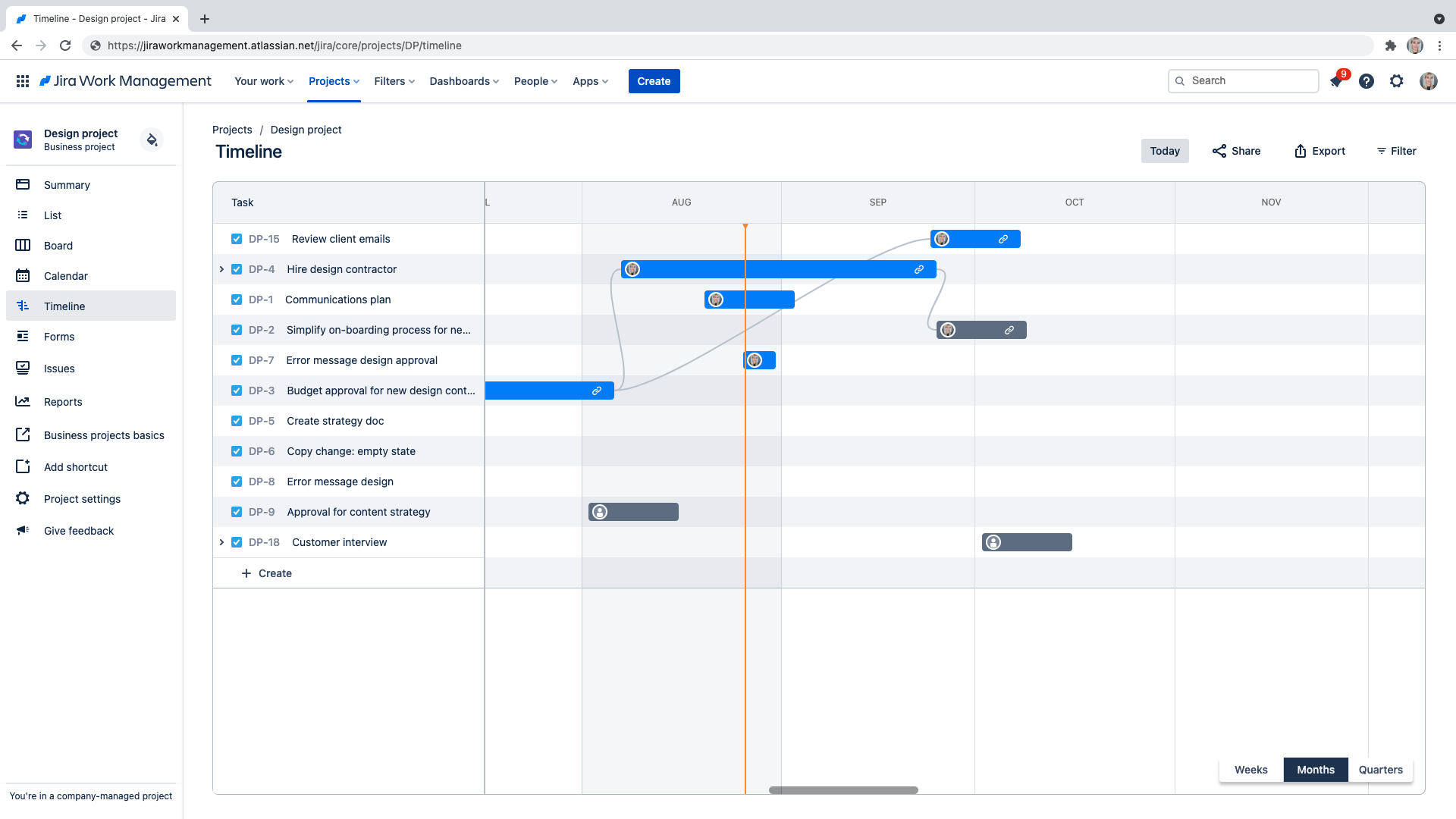 alt="The timeline view in a business project."