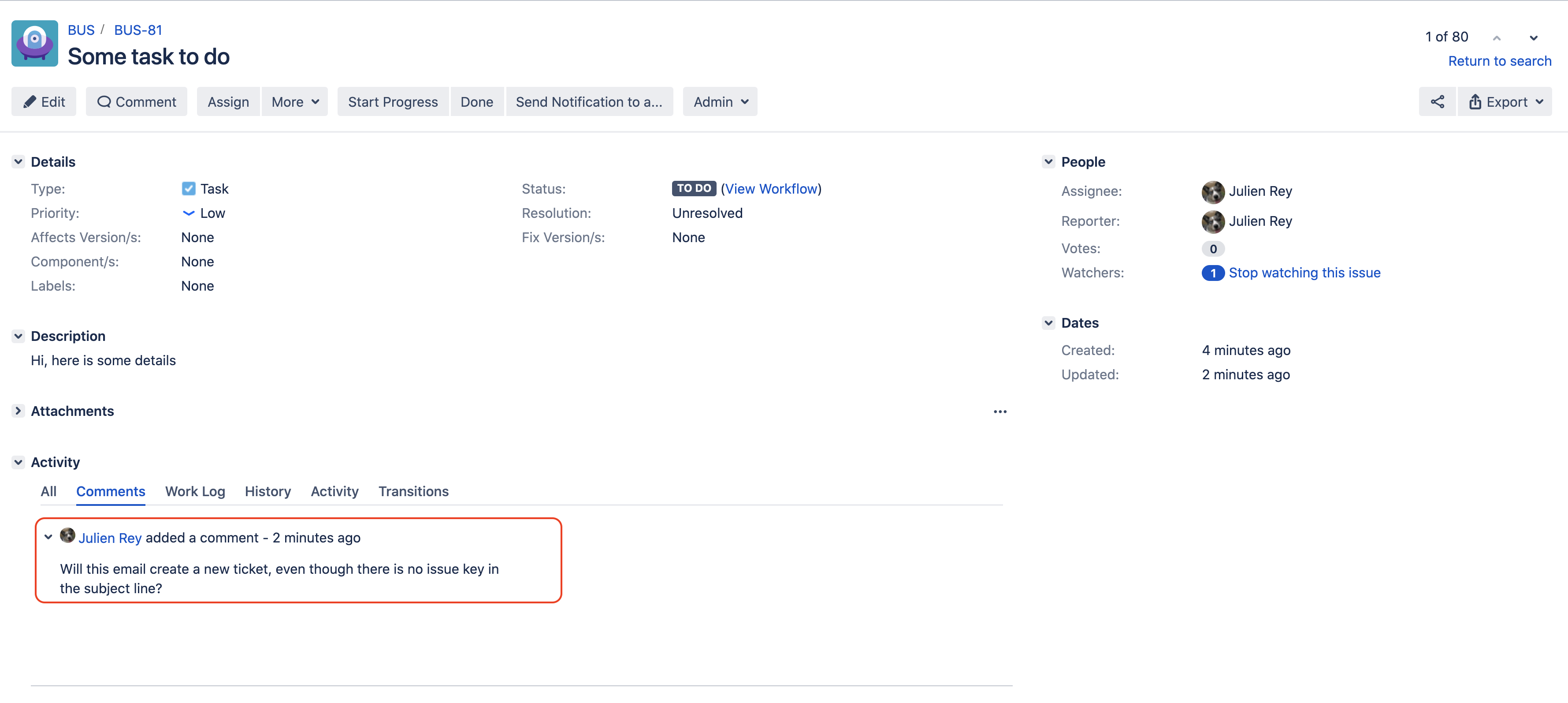 Jira comment screen