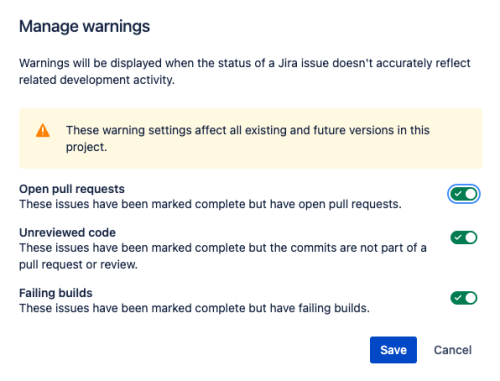 Manage Warnings screen for releases. Enable warnings for open pull requests, open reviews, unreviewed code and failed builds.