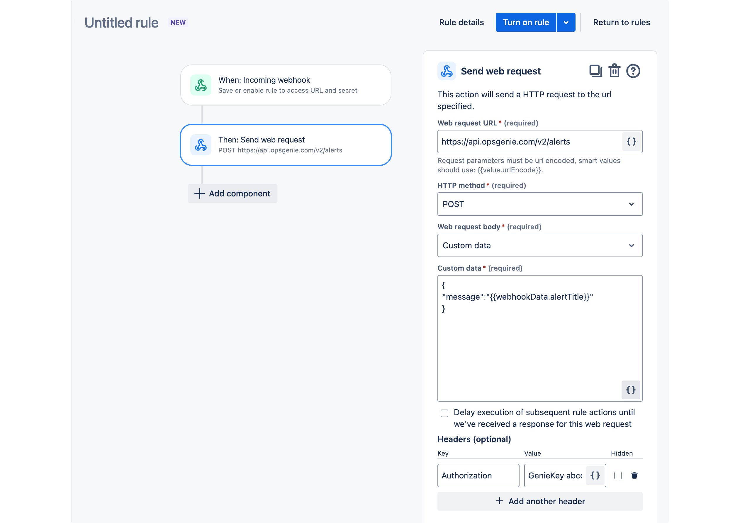 Jira automation screen showing web request configuration details