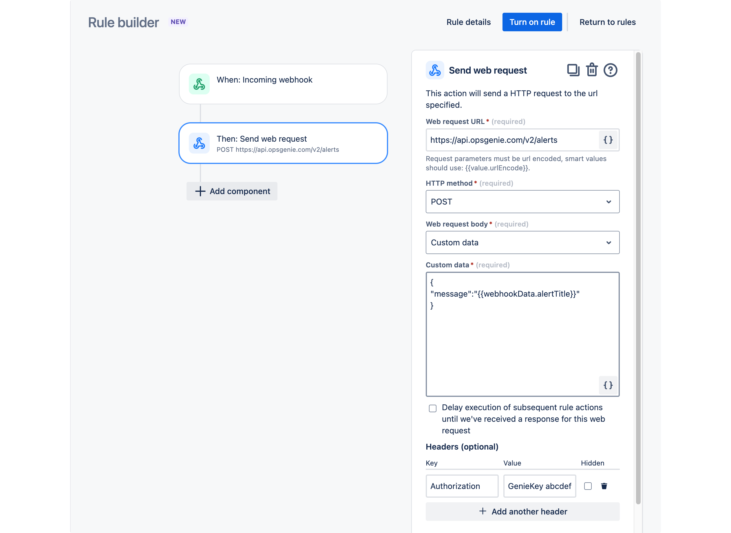 Jira automation screen showing web request configuration details