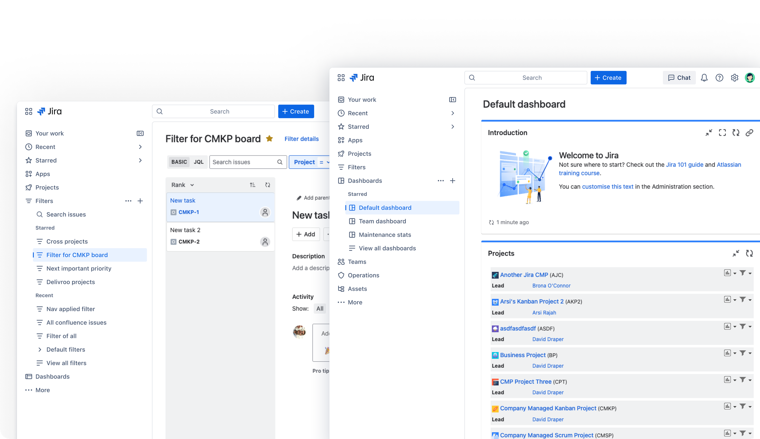 Jira's new navigation showing filters and dashboards