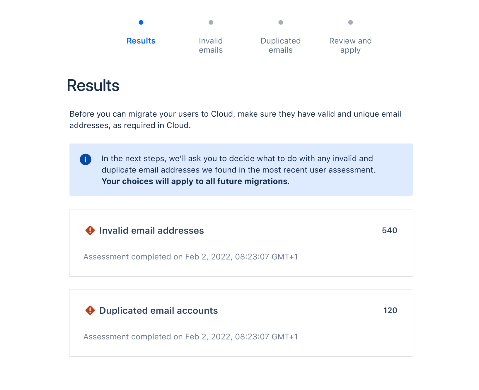 Results of the user assessment in Jira Cloud Migration Assistant.