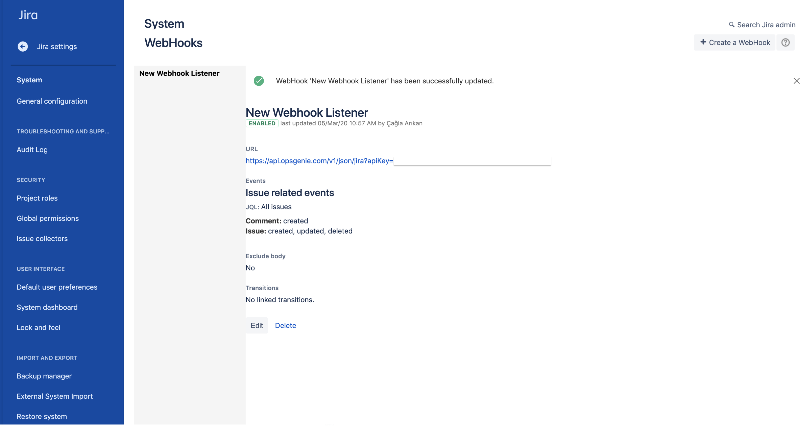A screenshot from Jira Software showing where to select webhooks.