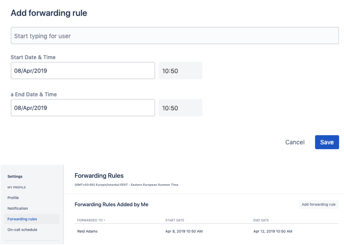 A screenshot showing a sample forwarding rule in Opsgenie's notification settings.