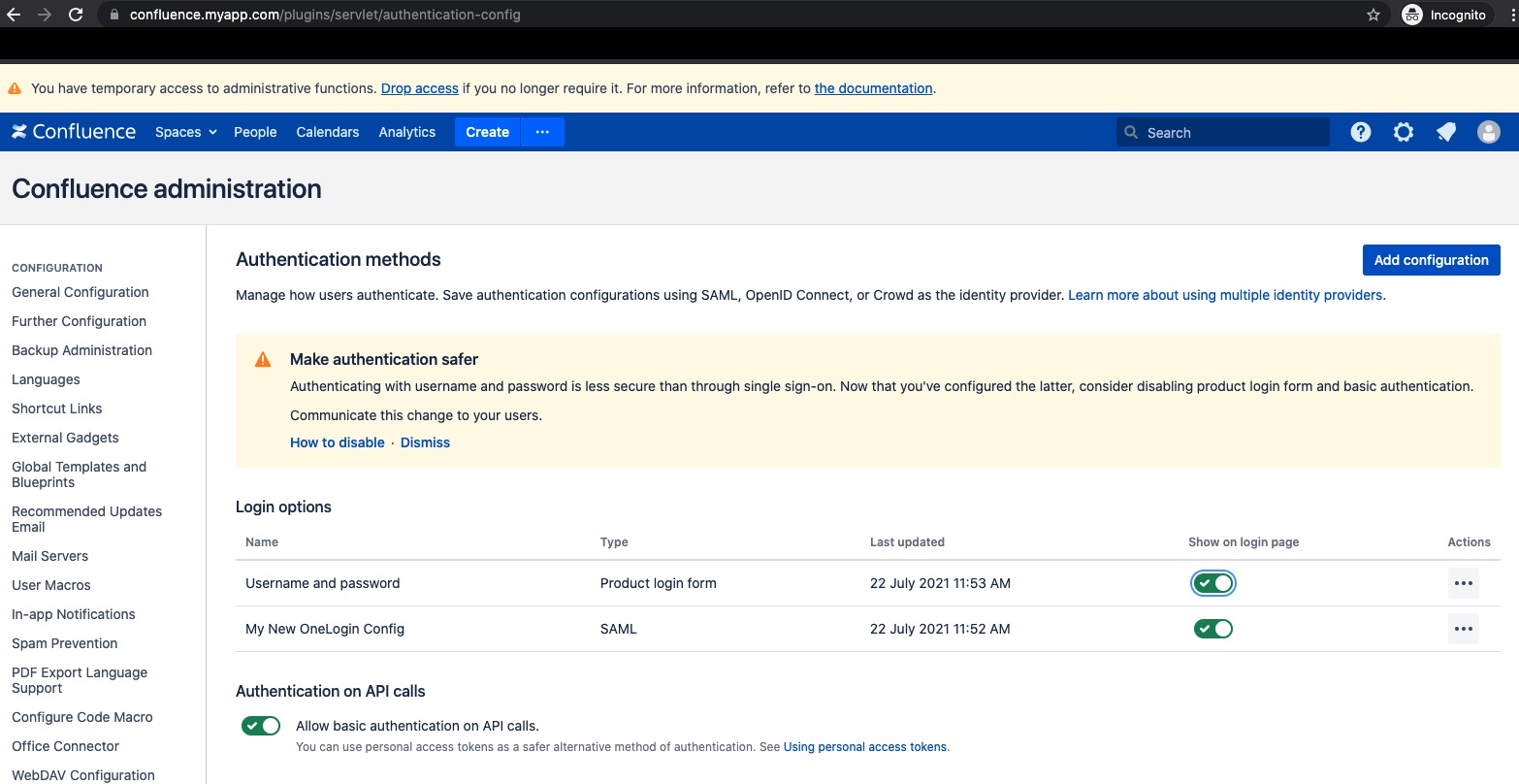Screenshot of the Confluence administration page which shows the 'Authentication methods' that Confluence offers