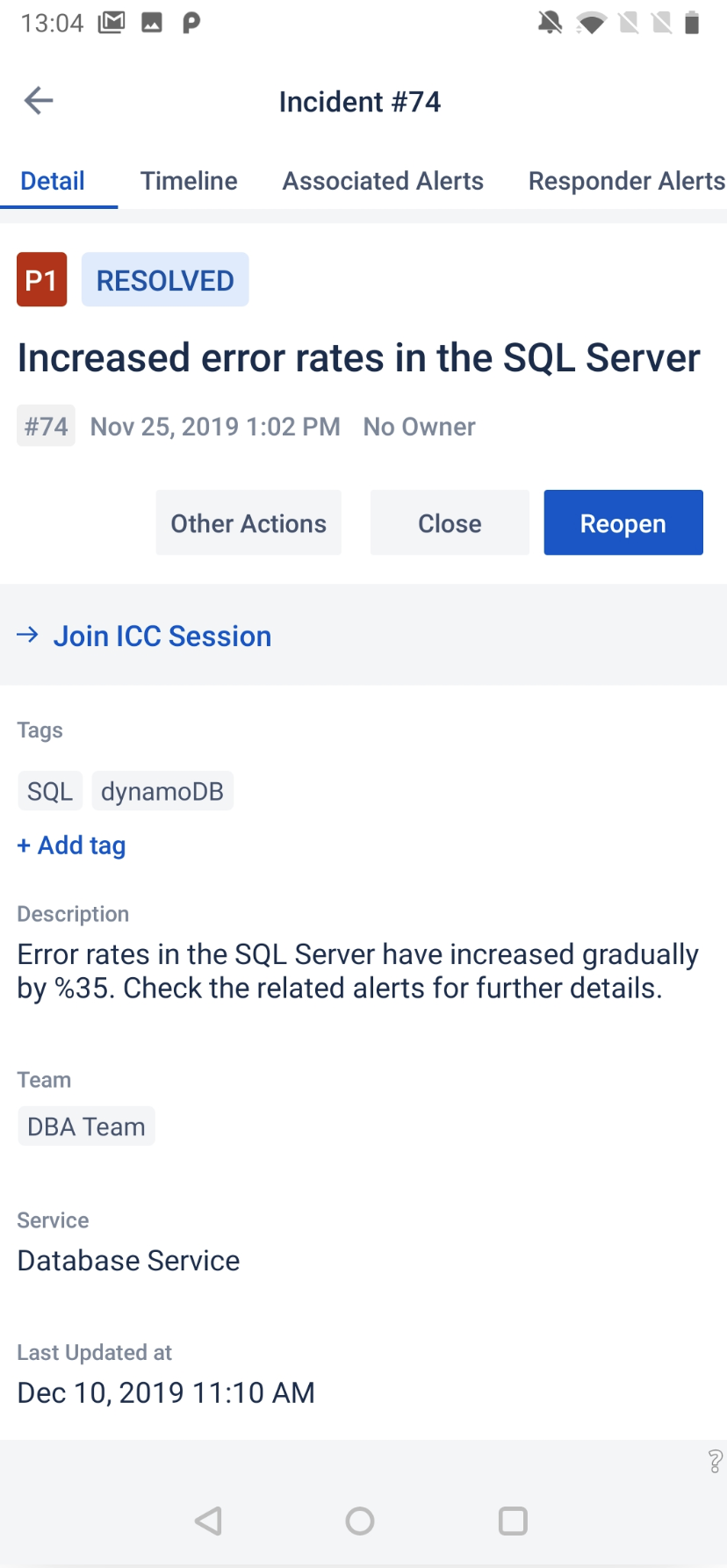A screenshot of an incident detail in Opsgenie's Android app.