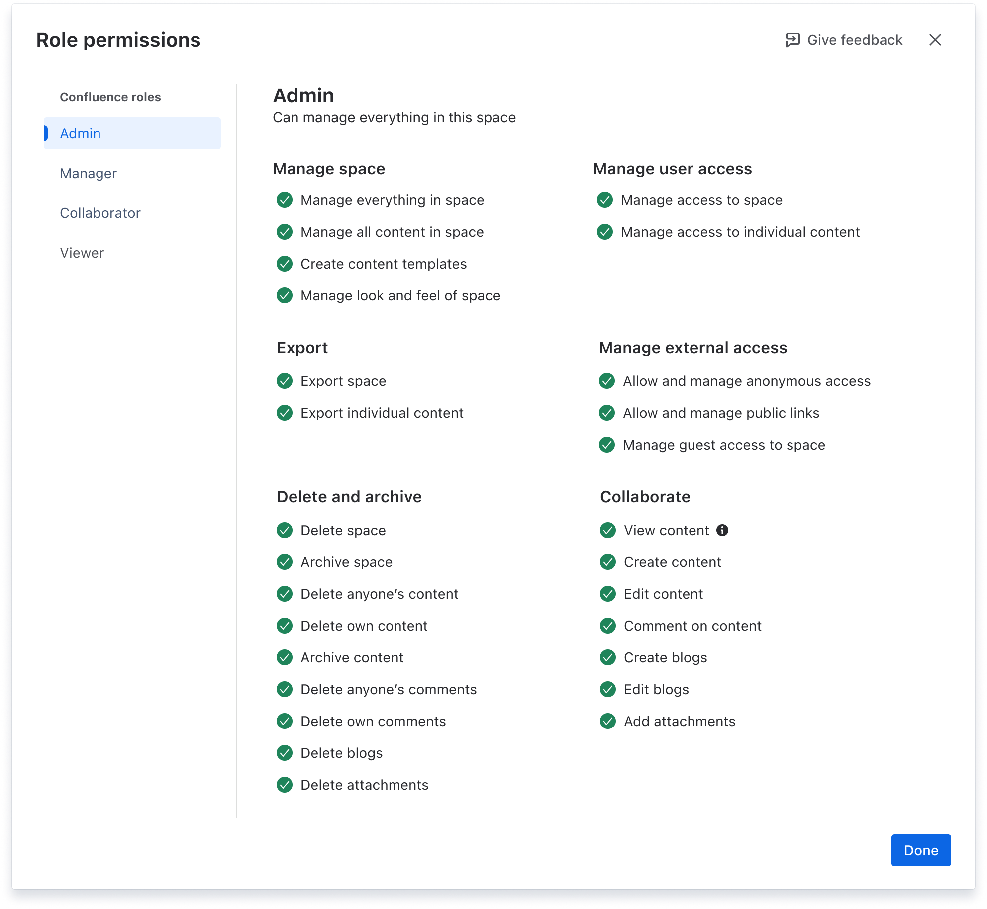 View of an admin's permissions in Confluence