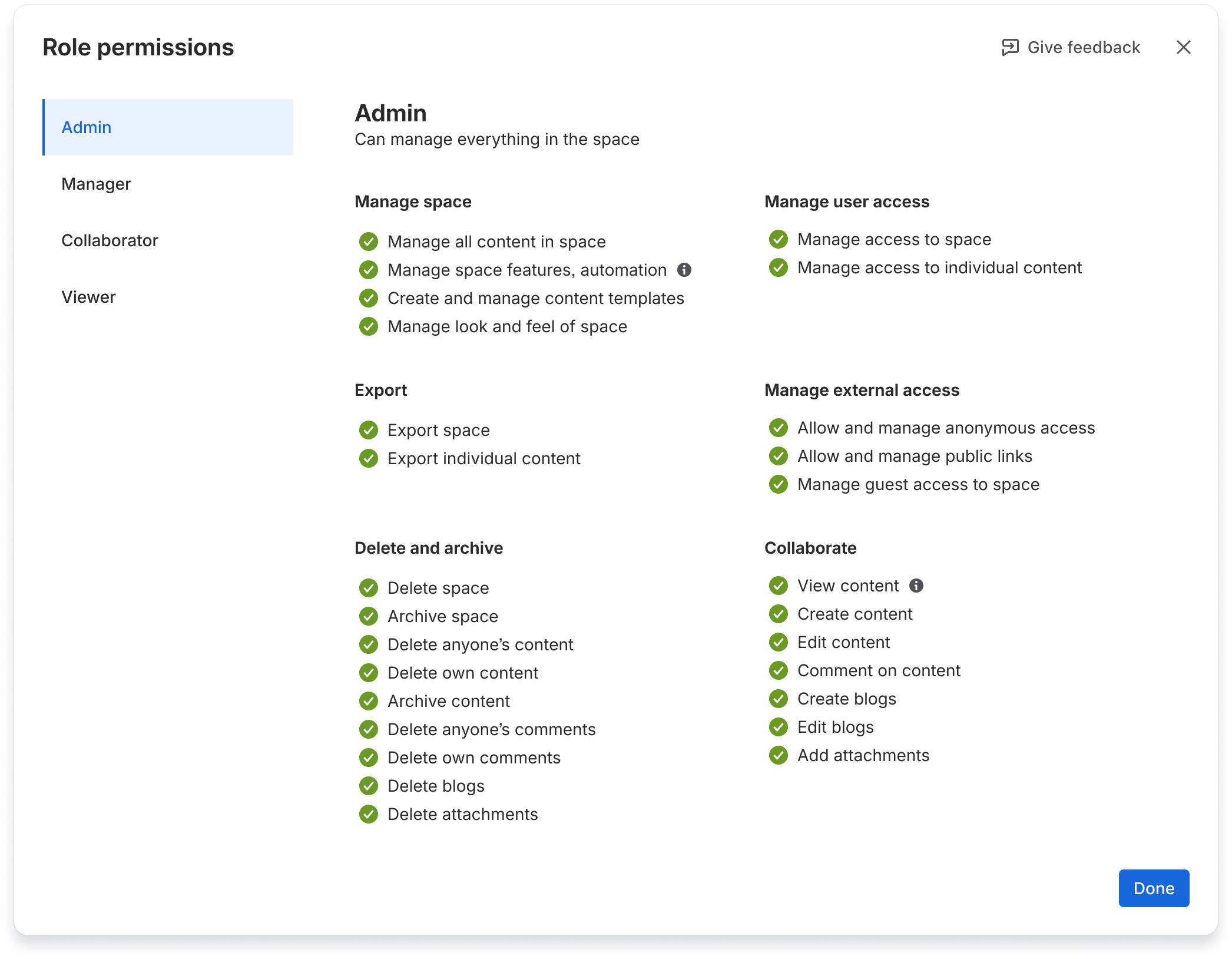 View of an admin's permissions in Confluence