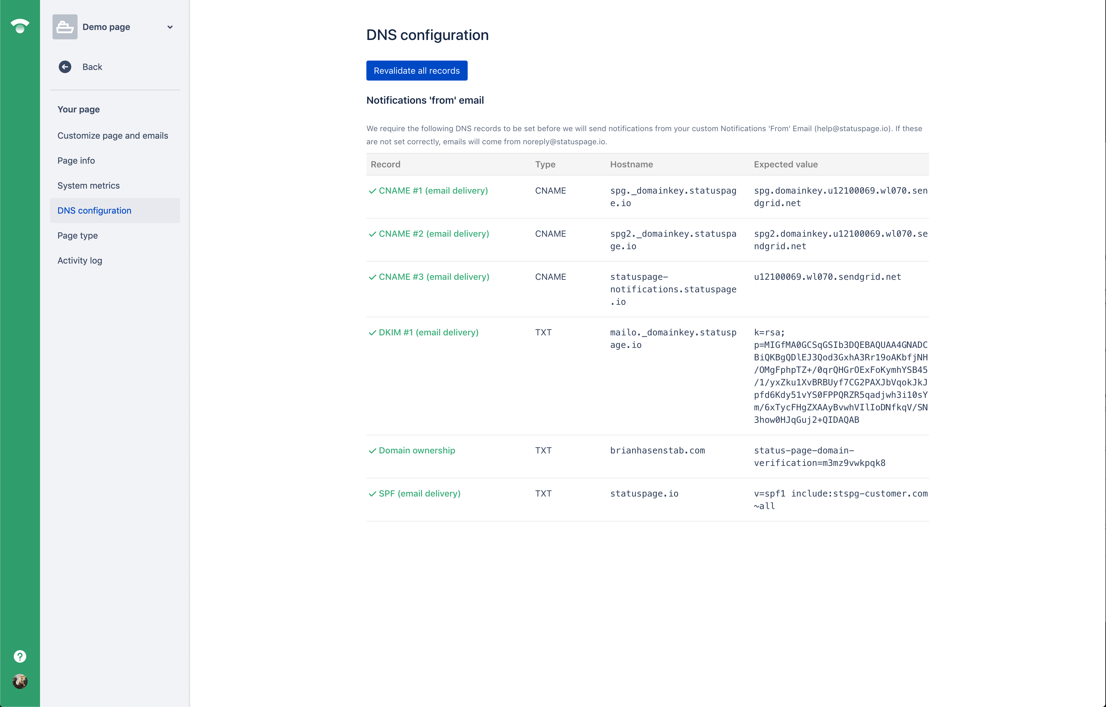 DNS configuration page after validation showing success messages for CNAMEs