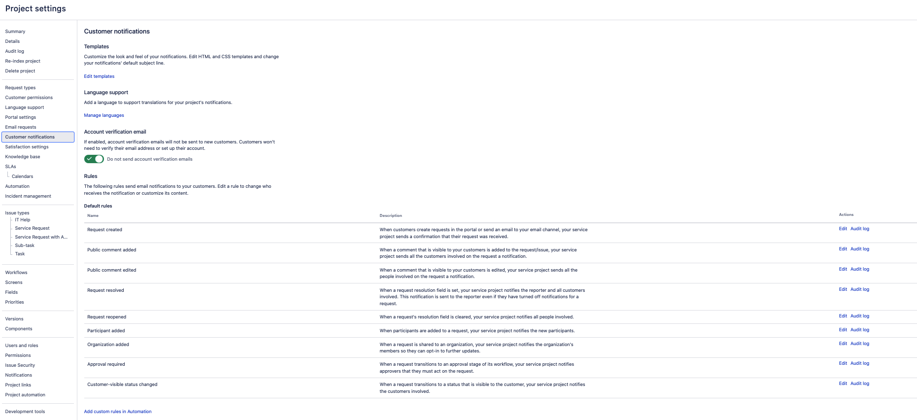 Project Settings > Customer Notifications: