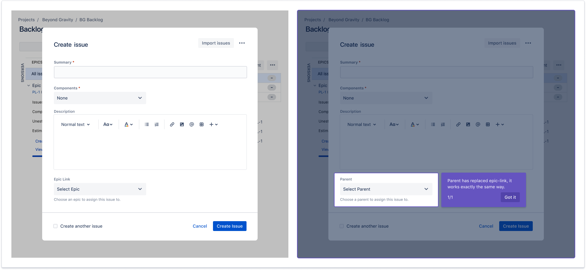 The parent field in the issue create experience