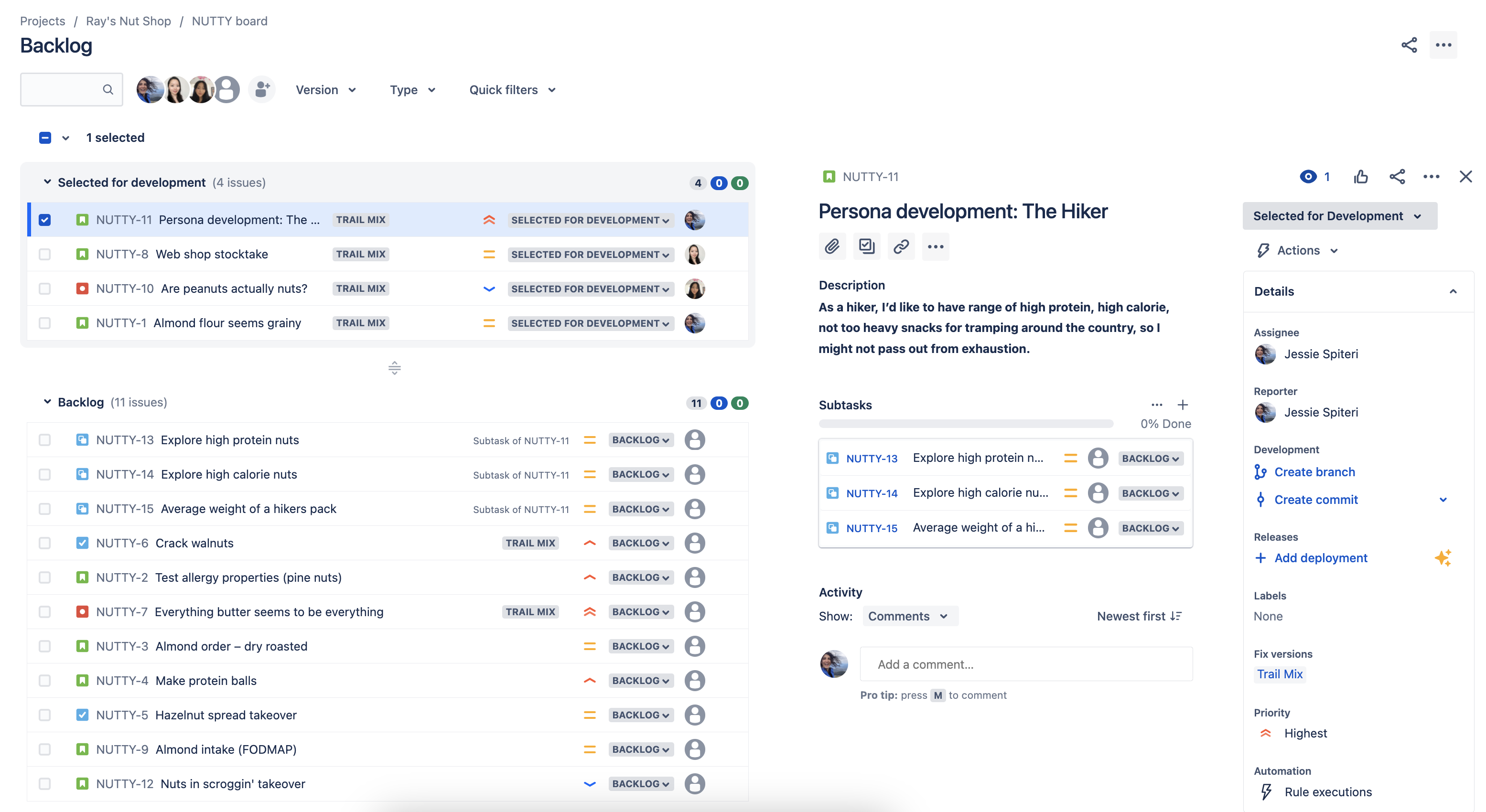 A sample Kanban backlog (with an issue selected), with Backlog and Selected for Development as board columns. 