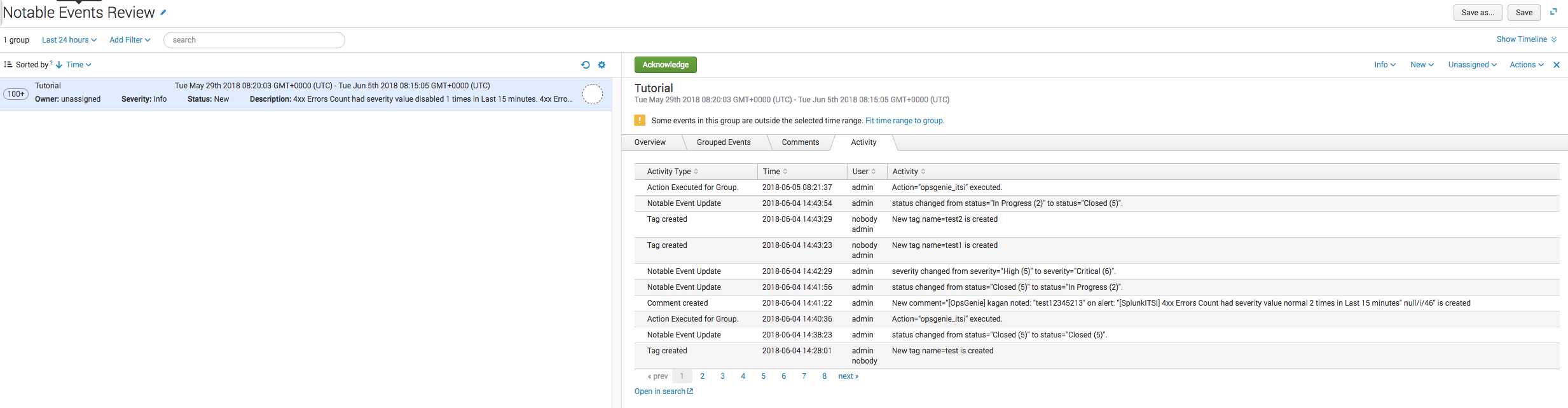 Splunk ITSI 重要なイベントのレビュー