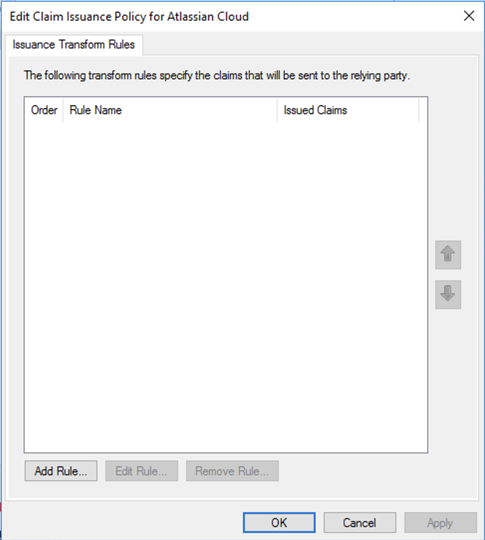 Edit Claim Issuance Policy for Atlassian cloud screen, Issuance Transform Rules tab